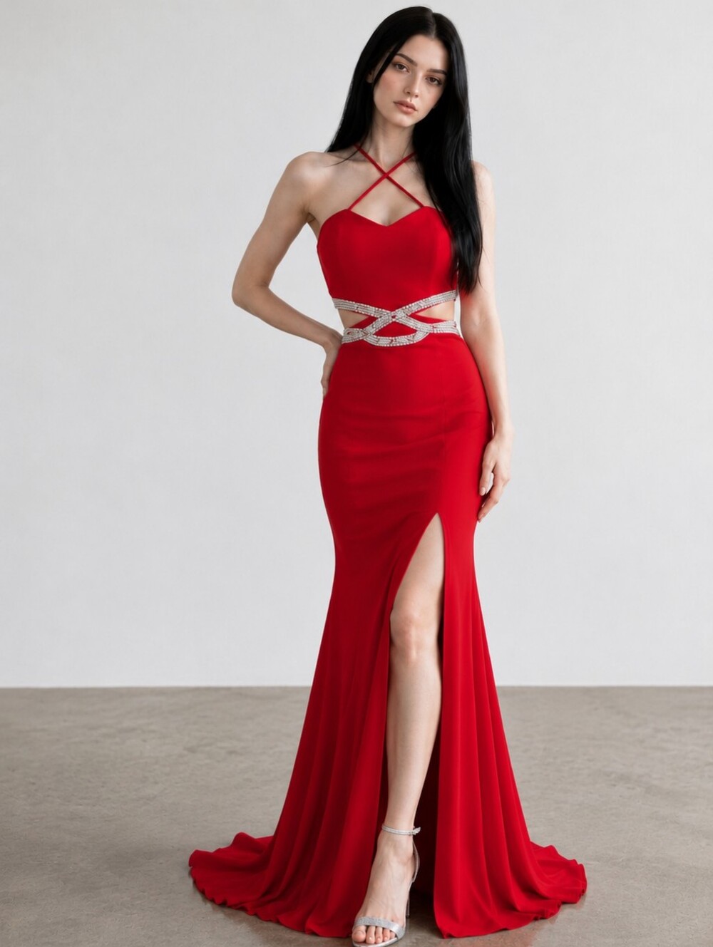 NWT Speechless Red Cutout Mermaid Maxi Dress High Slit Rhinestone Formal Gown